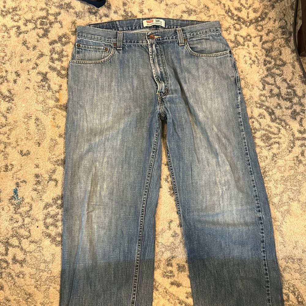 36 x 34 Levi’s 559 relaxed fit. Worn but lots of life left!